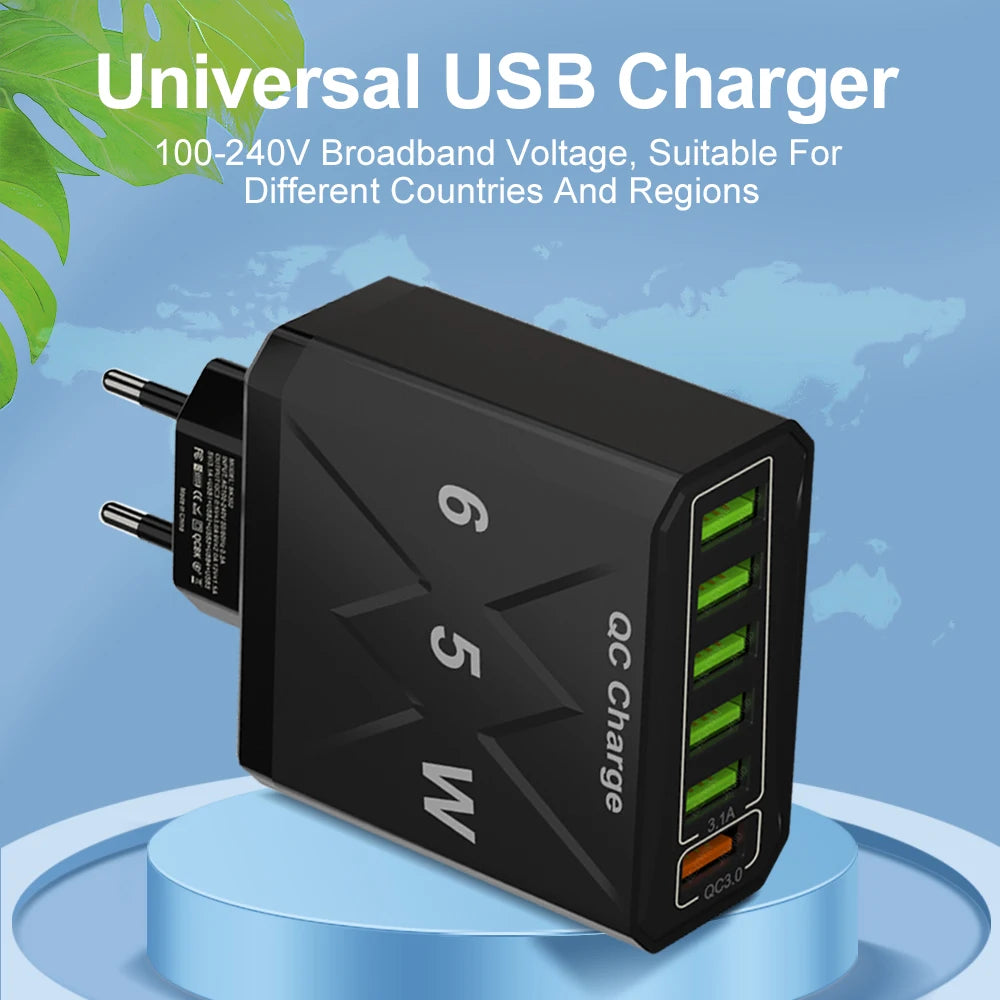65W USB Hurtigoplader med 6 Porte