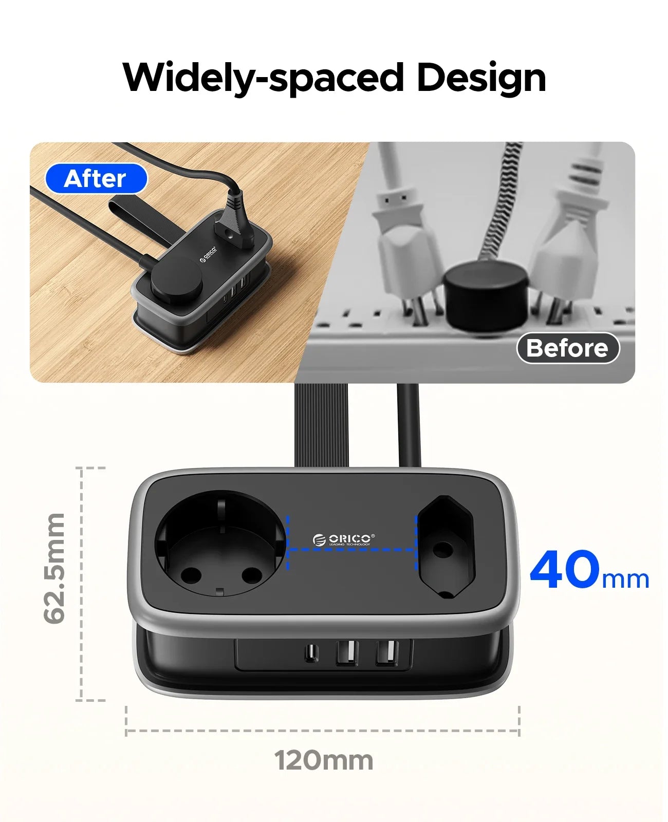 5-i-1 Strømskinne til Rejser med 2 AC- og 3 USB-Porte