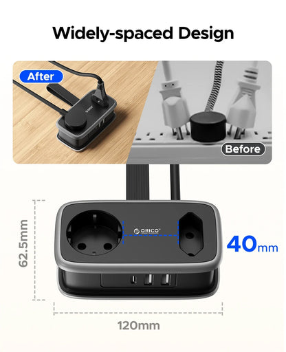 5-i-1 Strømskinne til Rejser med 2 AC- og 3 USB-Porte