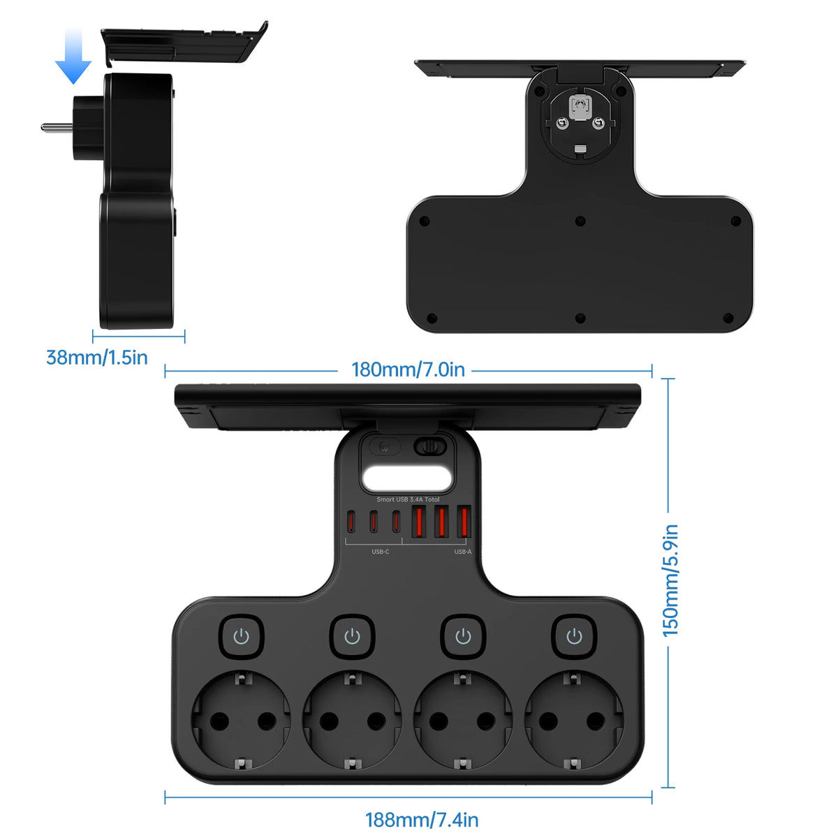 T-formet Strømskinne med USB og Natlys