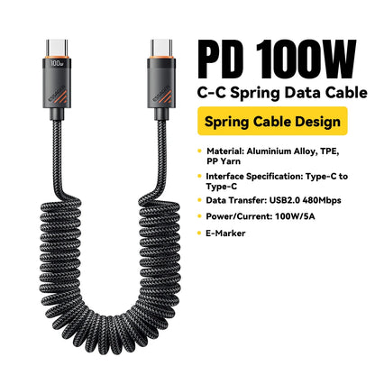 100W USB-C Spiralkabel til Bil med Hurtig Opladning