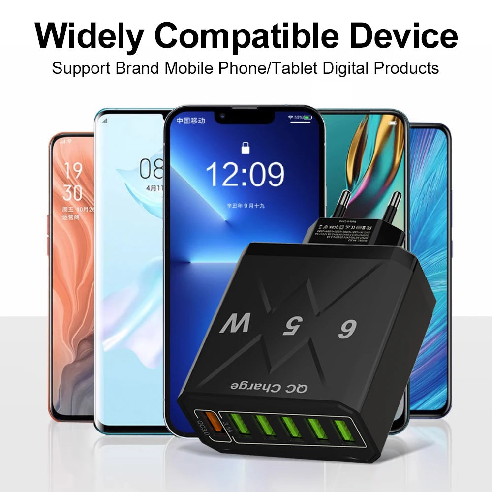 65W USB Hurtigoplader med 6 Porte