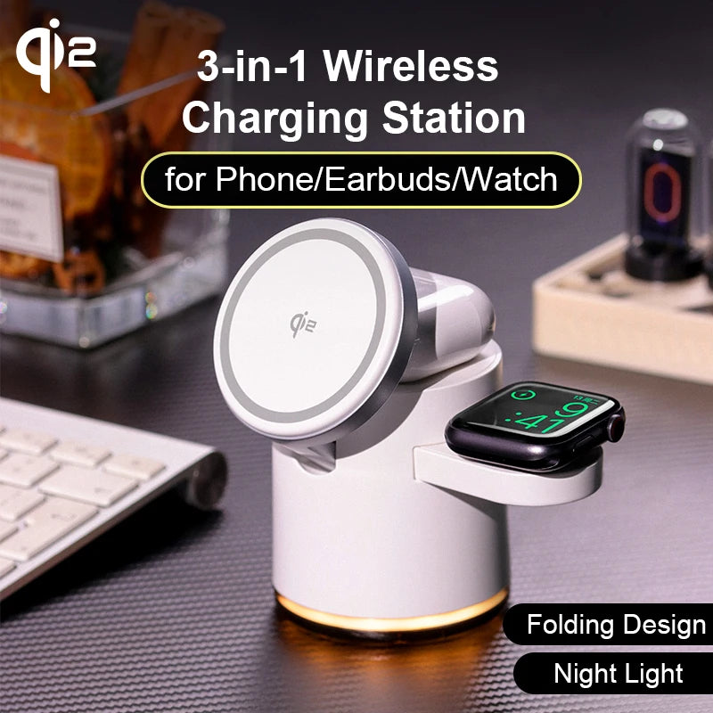 3-i-1 Udtrækkelig Qi2 Opladningsstander til iPhone, AirPods og Apple Watch