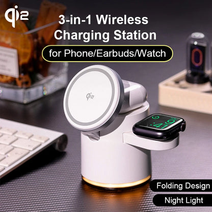 3-i-1 Udtrækkelig Qi2 Opladningsstander til iPhone, AirPods og Apple Watch