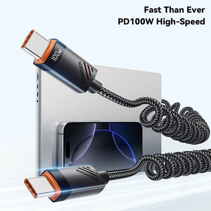 100W USB-C Spiralkabel til Bil med Hurtig Opladning