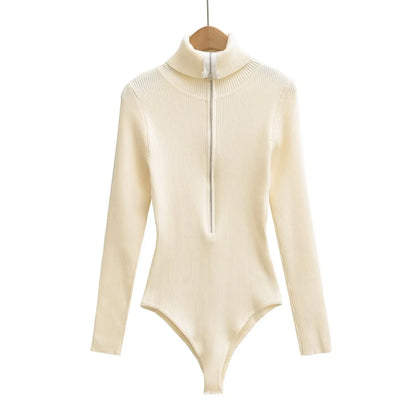 Langærmet Ribbet Bodystocking til Kvinder med Lynlås