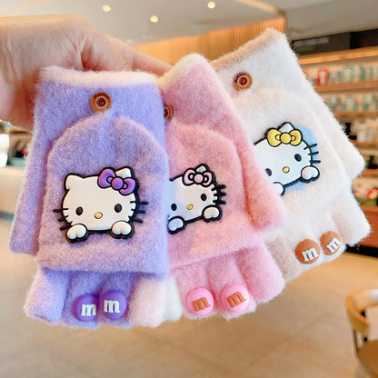 Hello Kitty Børn Halvfinger Vinterstrikkede Handsker
