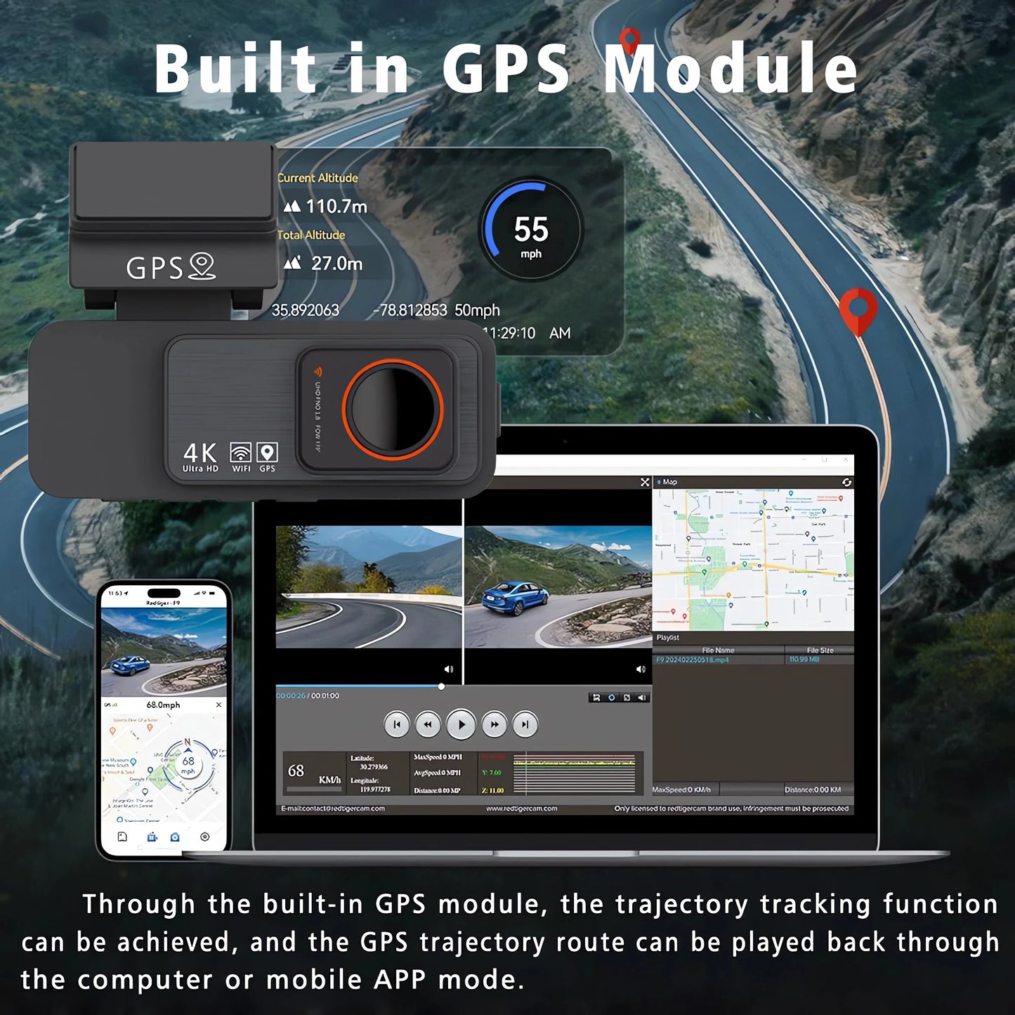 4K Dashcam med GPS og Bakkamera