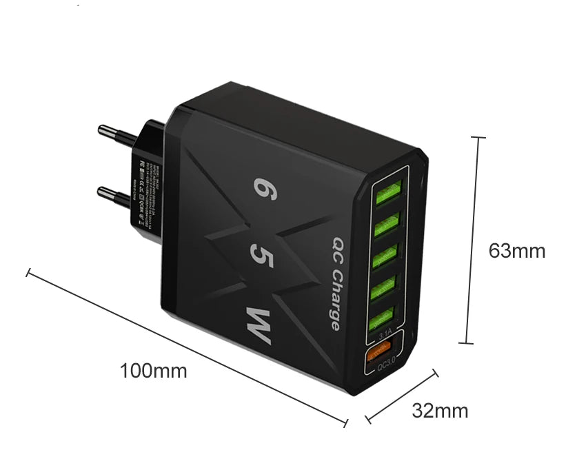 65W USB Hurtigoplader med 6 Porte