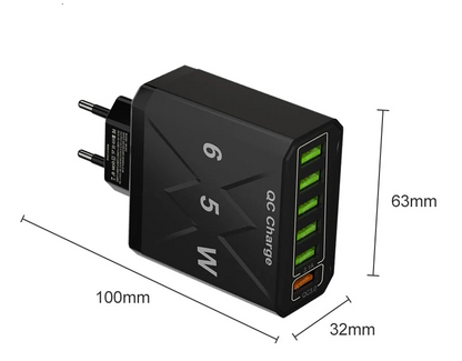 65W USB Hurtigoplader med 6 Porte