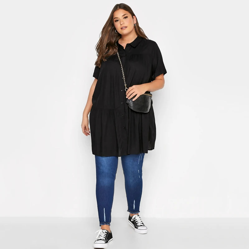 Plus Size Sort Løs Sommerbluse til Kvinder – Elegant og Komfortabel
