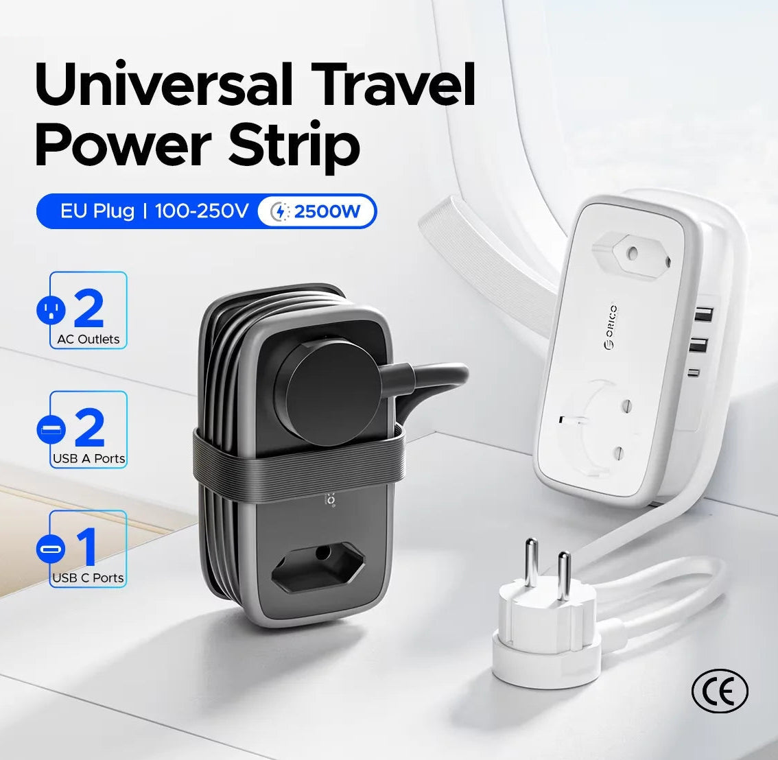 5-i-1 Strømskinne til Rejser med 2 AC- og 3 USB-Porte
