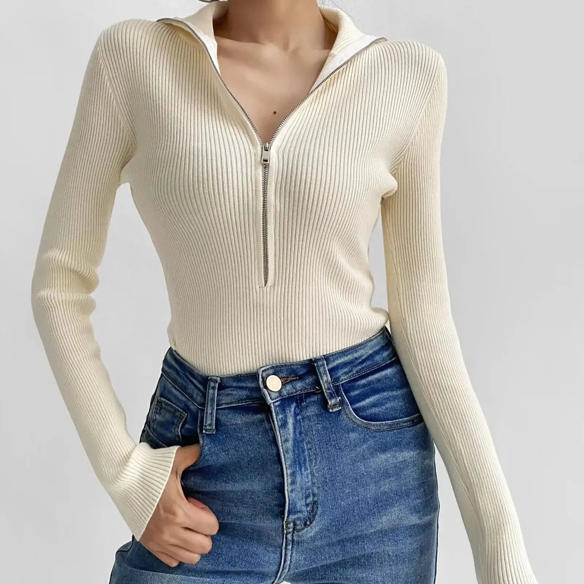 Langærmet Ribbet Bodystocking til Kvinder med Lynlås