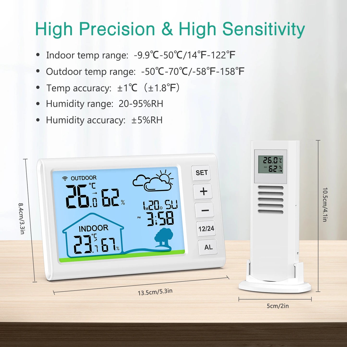 Trådløs Indendørs Udendørs Vejrstation med Ur