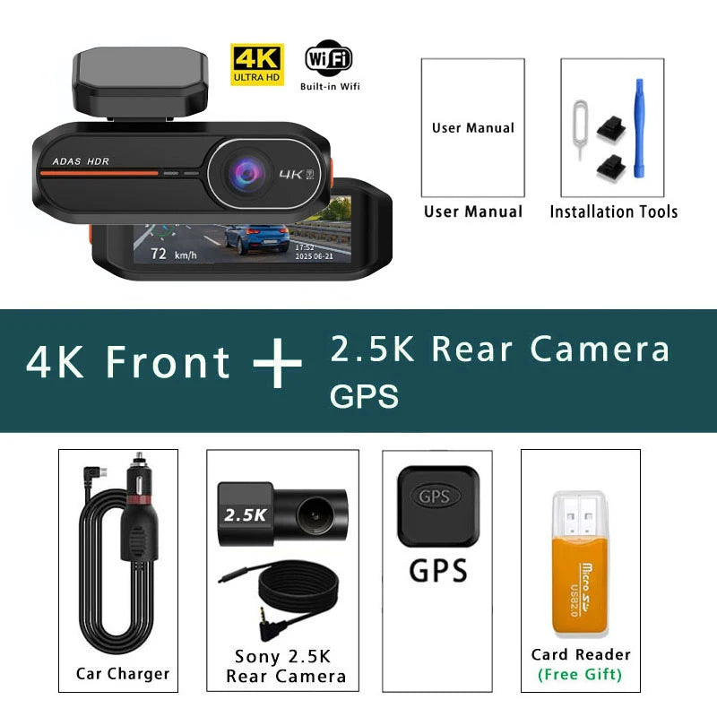 4K WiFi Dashcam med Front- og Bagkamera