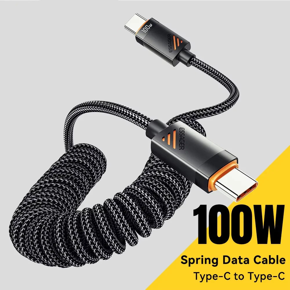 100W USB-C Spiralkabel til Bil med Hurtig Opladning