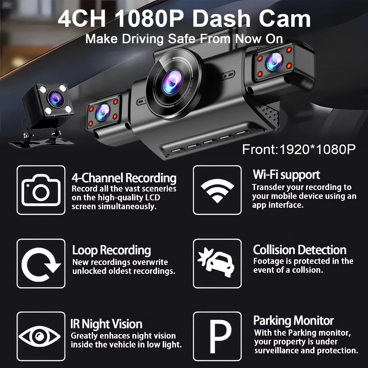 4-Kamera WiFi-Dashcam-System – Full HD-Optagelse Med Nattesyn og Parkeringsovervågning