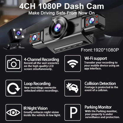 4-Kamera WiFi-Dashcam-System – Full HD-Optagelse Med Nattesyn og Parkeringsovervågning