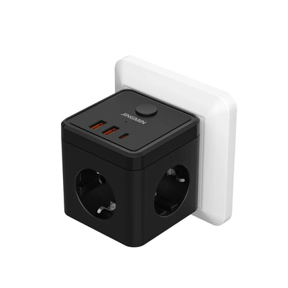 Stikkontaktadapter med 3 Stik, USB-A og USB-C