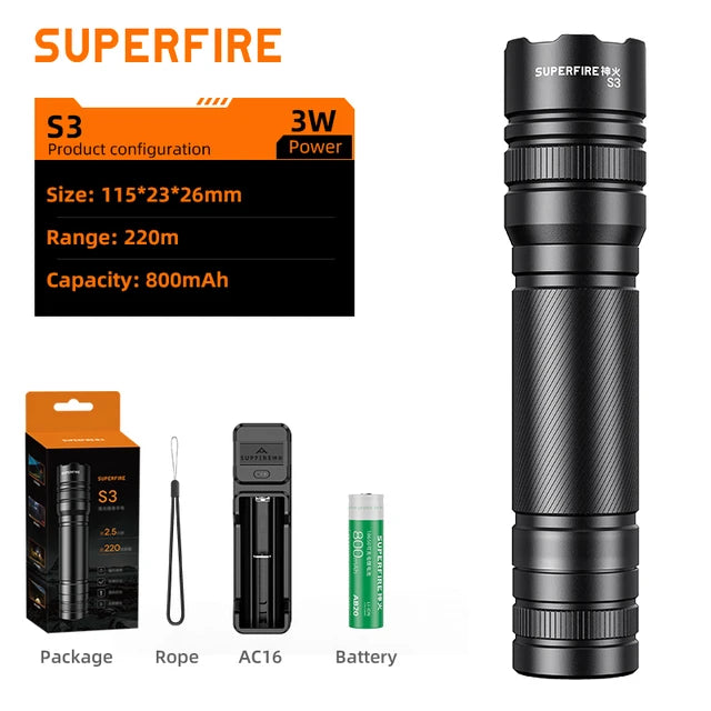 SUPERFIRE S3 Mini 18650 Zoombar Lommelygte - 5 Tilstande