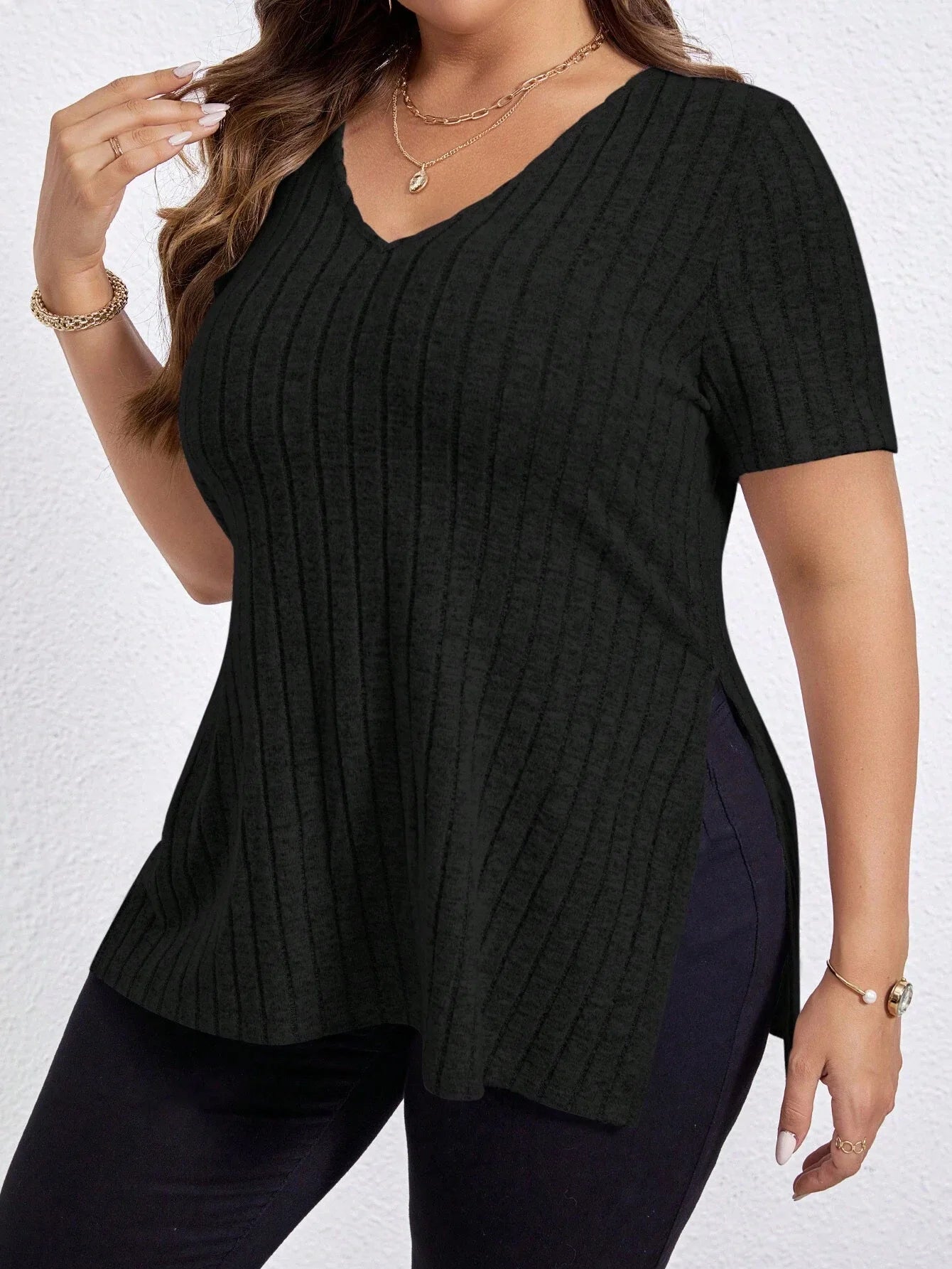 Plus Size Dametop med Løs Pasform og V-Hals