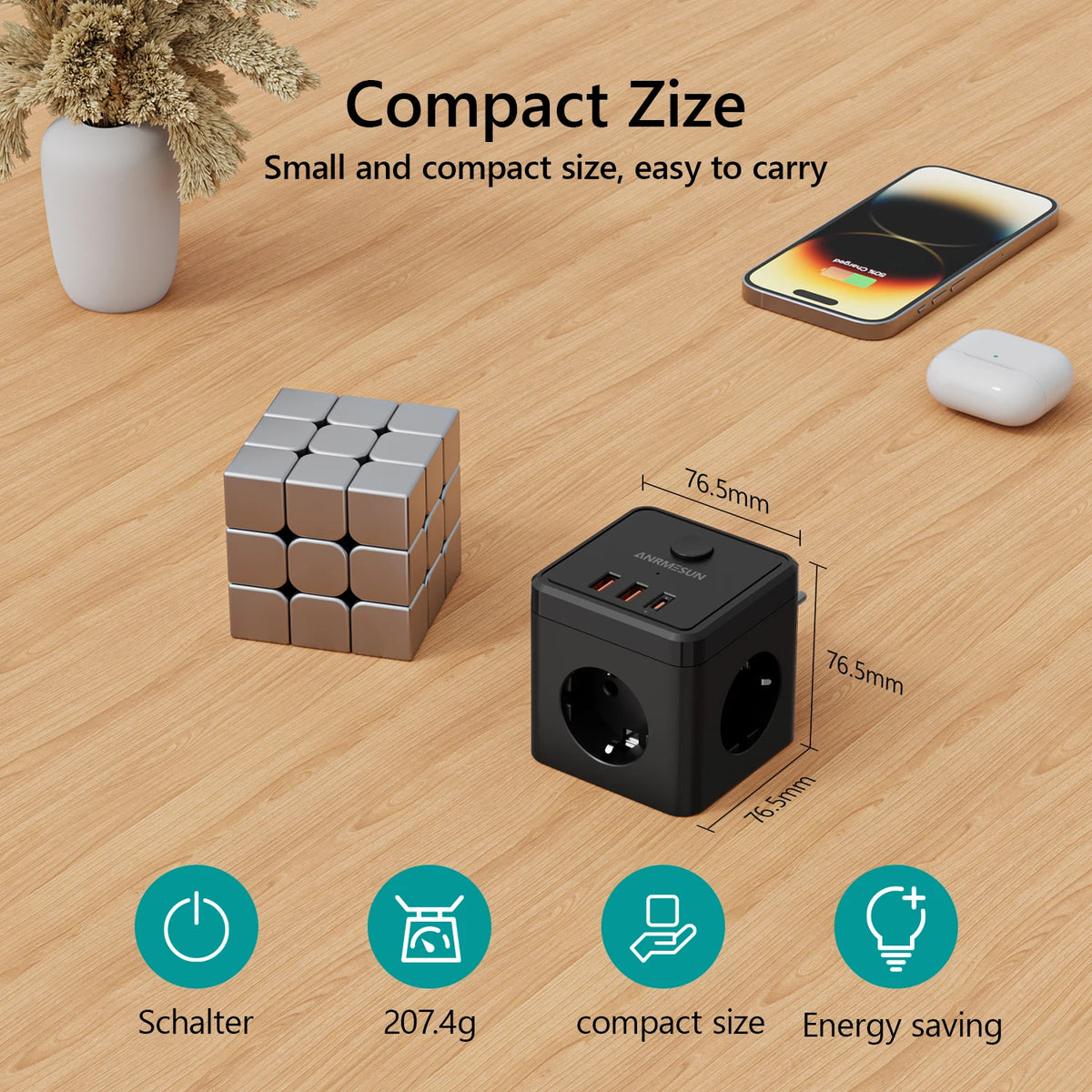 Stikkontaktadapter med 3 Stik, USB-A og USB-C