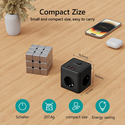 Stikkontaktadapter med 3 Stik, USB-A og USB-C