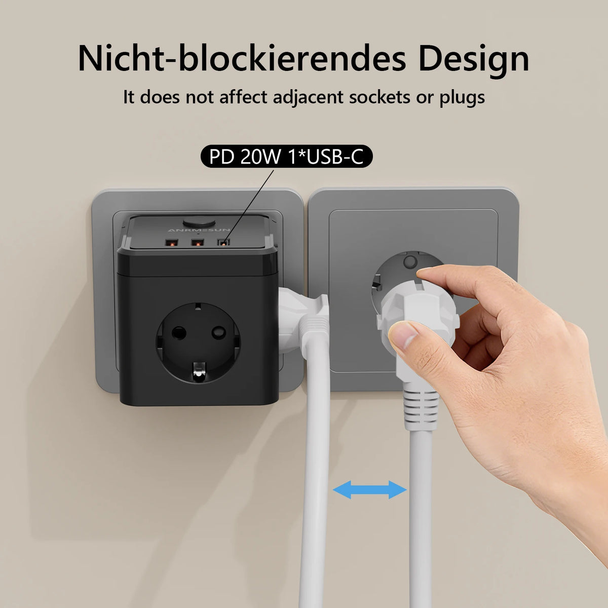 Stikkontaktadapter med 3 Stik, USB-A og USB-C