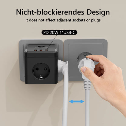 Stikkontaktadapter med 3 Stik, USB-A og USB-C