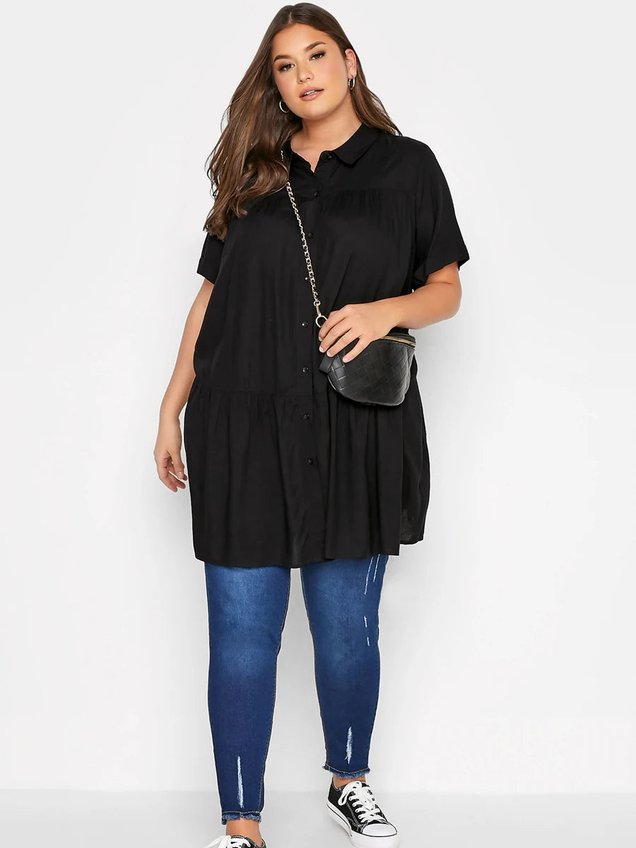 Plus Size Sort Løs Sommerbluse til Kvinder – Elegant og Komfortabel