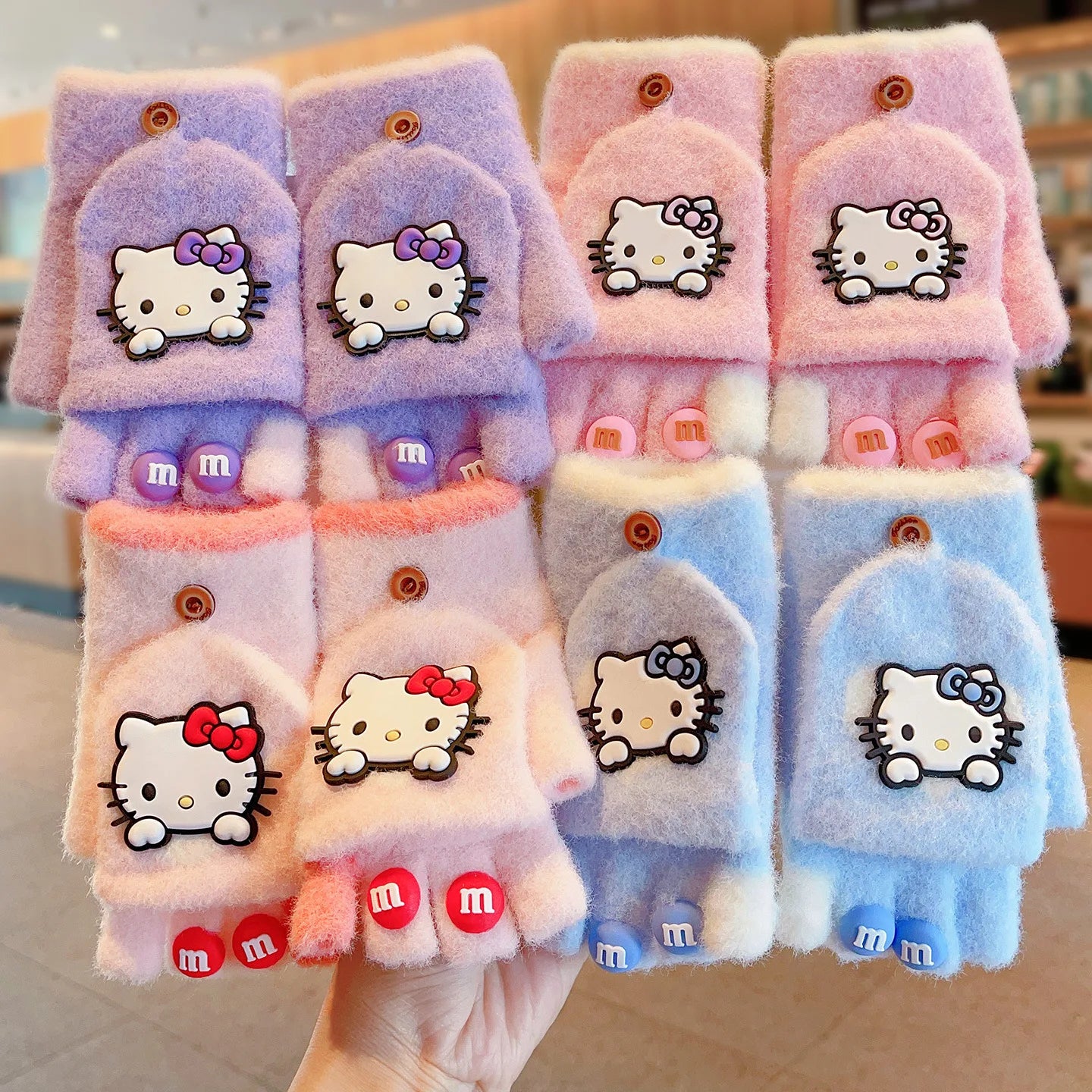 Hello Kitty Børn Halvfinger Vinterstrikkede Handsker