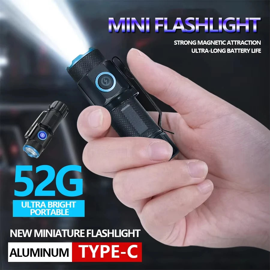 Mini LED-Lommelygte USB Genopladelig med Magnet