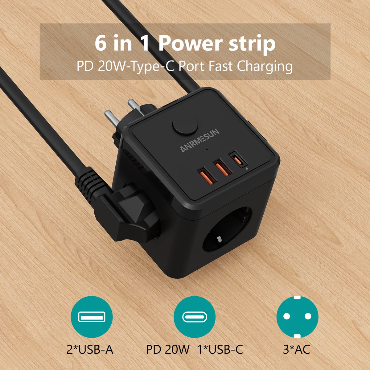 Stikkontaktadapter med 3 Stik, USB-A og USB-C