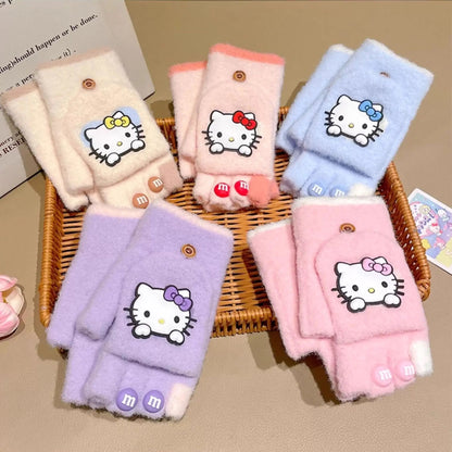 Hello Kitty Børn Halvfinger Vinterstrikkede Handsker