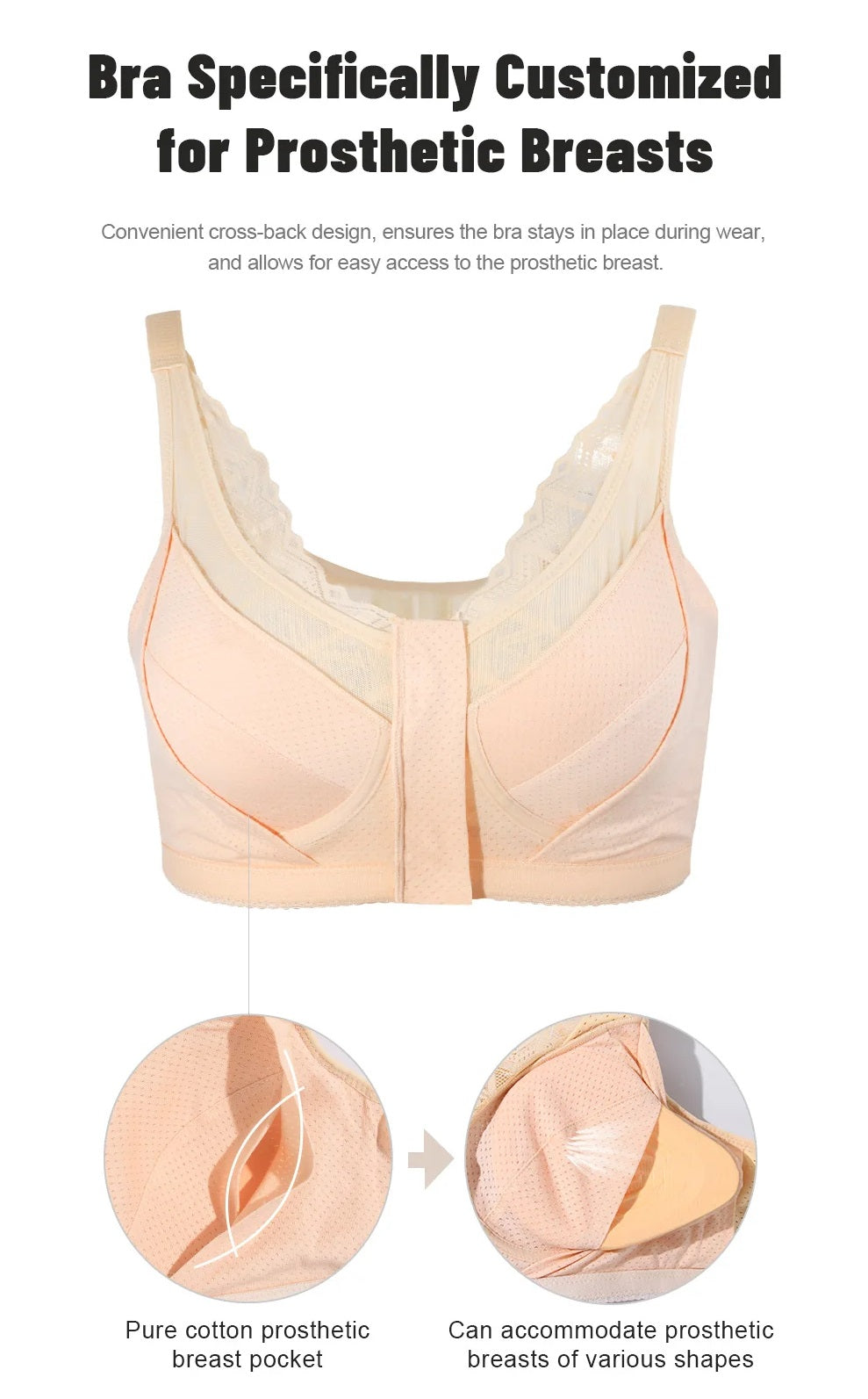 Justerbar Bomulds Mastektomi Bh med Lomme