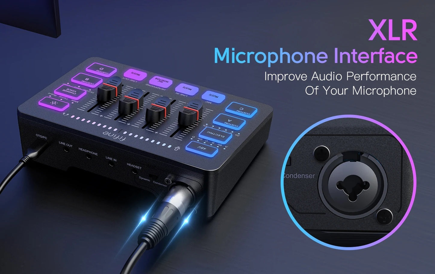 4-Kanals Gaming-Lydmixer med XLR-Mikrofon