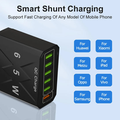 65W USB Hurtigoplader med 6 Porte