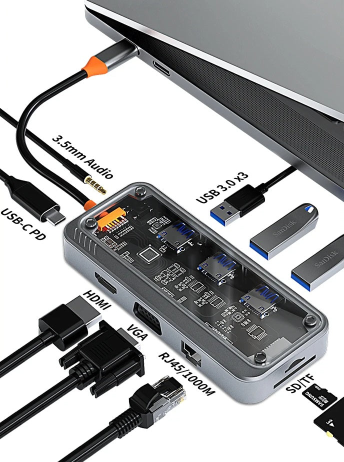 USB C Hub Adapter med HDMI, DP, VGA, Ethernet, USB