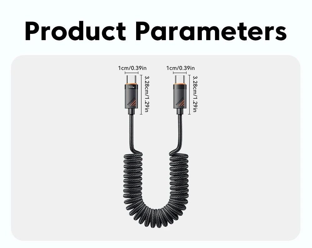 100W USB-C Spiralkabel til Bil med Hurtig Opladning