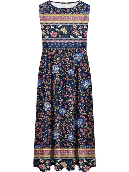 Ærmeløs Midikjole til Kvinder med Blomsterprint og Lommer